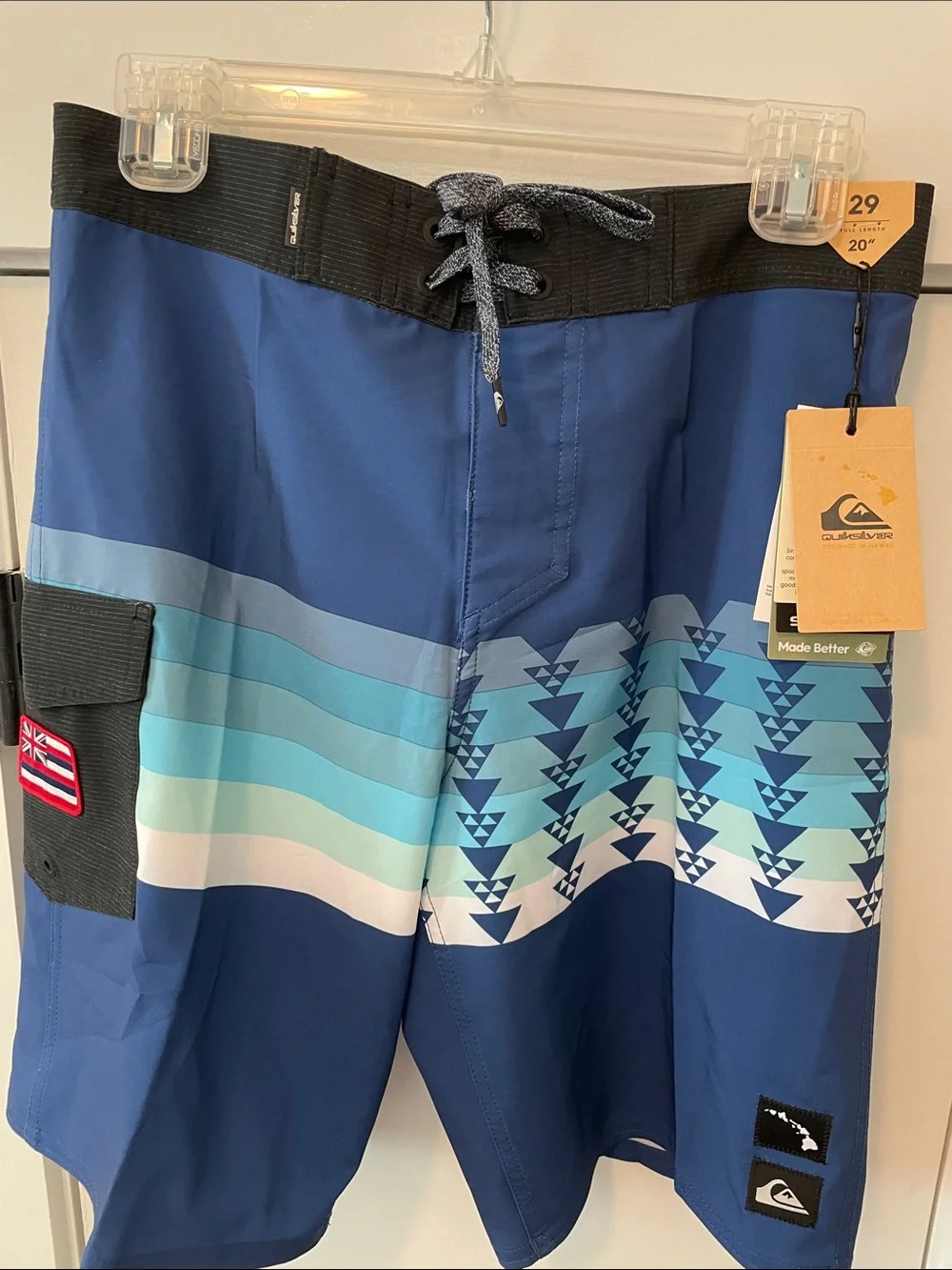 Quiksilver Blue Aqua Geo Stripe Men’s Swim Boardshorts 29”x20” NEW